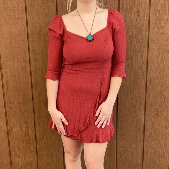 City Vibe Burnt Orange Quarter Sleeve Ruffled Layered Mini Dress - Picture 2 of 11